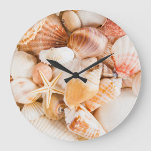 Hintergrund der Muscheln: Meeresthema. Große Wanduhr
