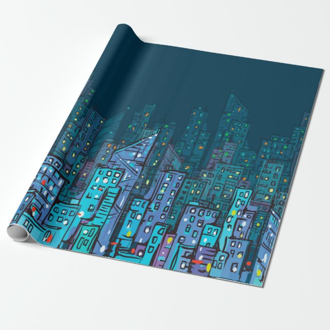 Hintergrund der Nacht Stadtbild. Handgezeichnete I Geschenkpapier (Ungerollt)