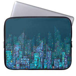 Hintergrund der nächtlichen Stadtlandschaft. Handg Laptopschutzhülle
