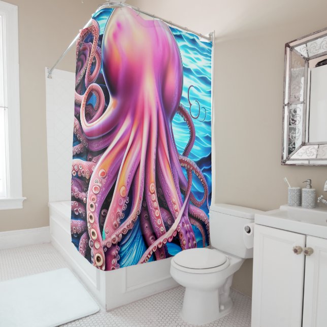 Hintergrund der rosa Octopus Blue Ocean Wave Duschvorhang (Beispiel)