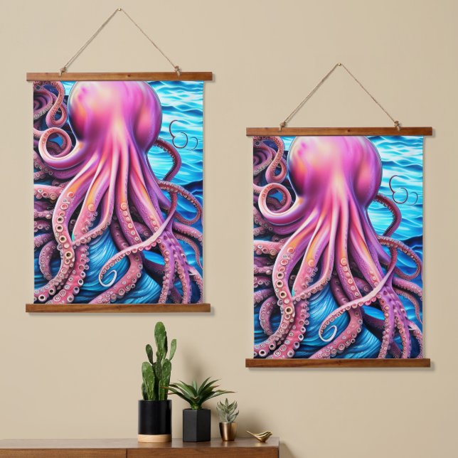 Hintergrund der rosa Octopus Blue Ocean Wave Wandteppich Mit Holzrahmen (Asymmetrisch)