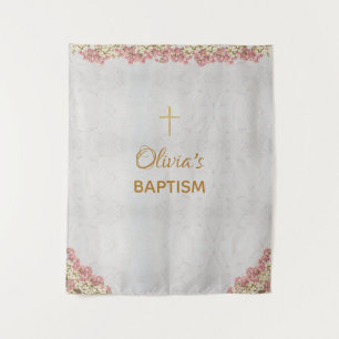 Hintergrund der Taufe Gold Cross Rosa Orchideen Ma Wandteppich