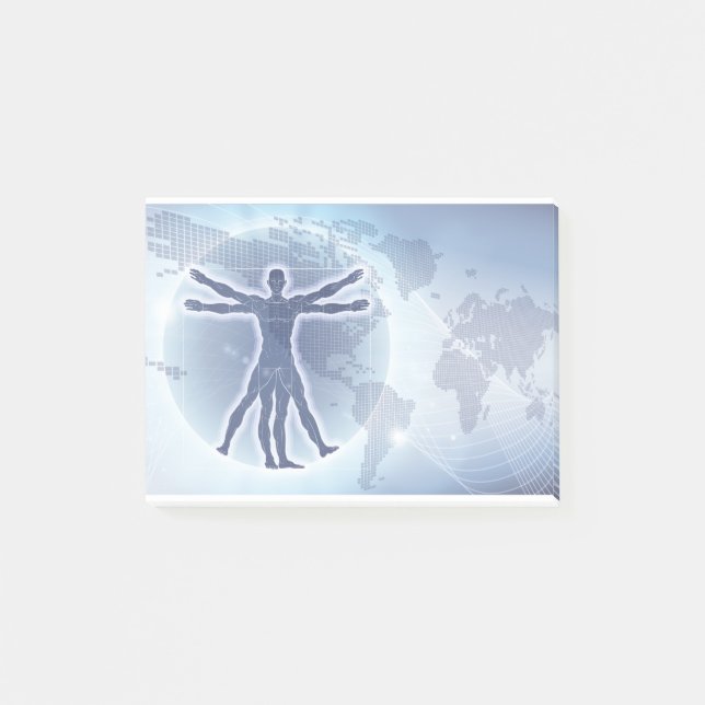 Hintergrund der Weltkarte von Vitruvian Man Post-it Klebezettel (Vorderseite)