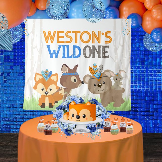 Hintergrund des Blue Wild One Woodland Animals Par Wandteppich (Personalized Tribal Forest Animals Woodland Wild One 1st Birthday Backdrop. 4 Sizes Available)