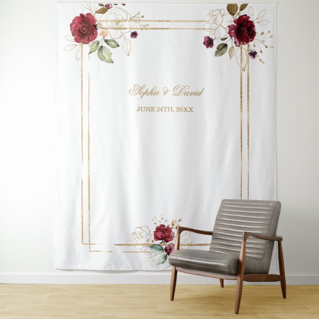 Hintergrund des Burgundy Floral Gold Frame Fotos Wandteppich (Beispiel)