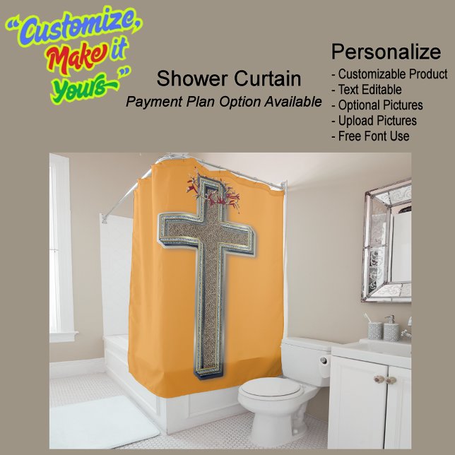 Hintergrund des Duschvorhangs Orange Duschvorhang (Cross Biblical Shower Curtain Featuring a Orange Background.)