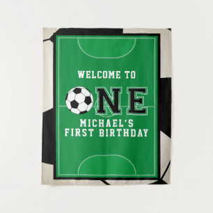 Hintergrund des Fußballs erster Geburtstag Wandteppich