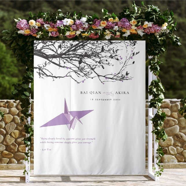 Hintergrund des Lilac Paper Crane Wedding Foto Wandteppich (Hanging Origami Lilac Purple Paper Crane Asian Wedding Photo Backdrop Tapestry @ fatfatin_red_knot)