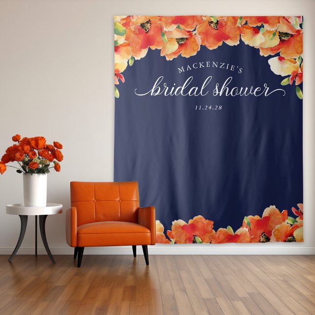 Hintergrund des navy Blue Golden Poppy Brautparty Wandteppich (Navy Blue Golden Poppy Bridal Shower Backdrop)