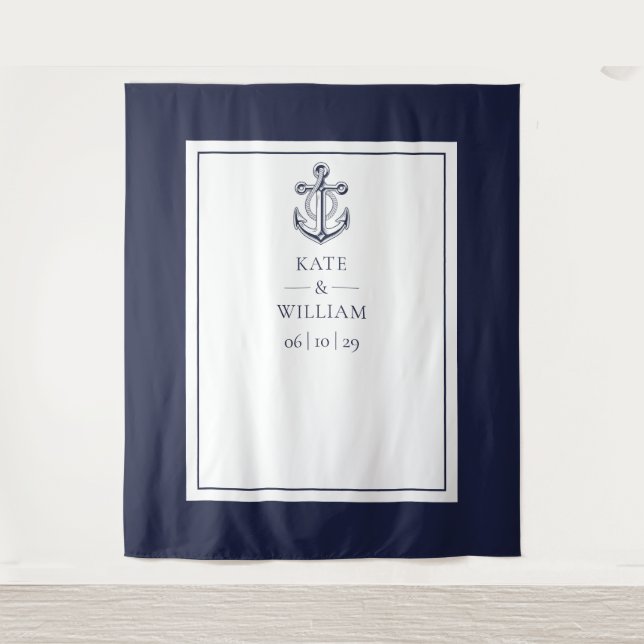 Hintergrund des Navy Blue Nautical Wedding Foto Bo Wandteppich (Vorderseite)