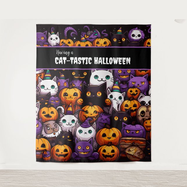 Hintergrund des niedlichen Cat Themed Halloween-Pa Wandteppich (Vorderseite)