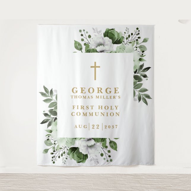 Hintergrund des Olive Green Floral Heilige Kommuni Wandteppich (Vorderseite)