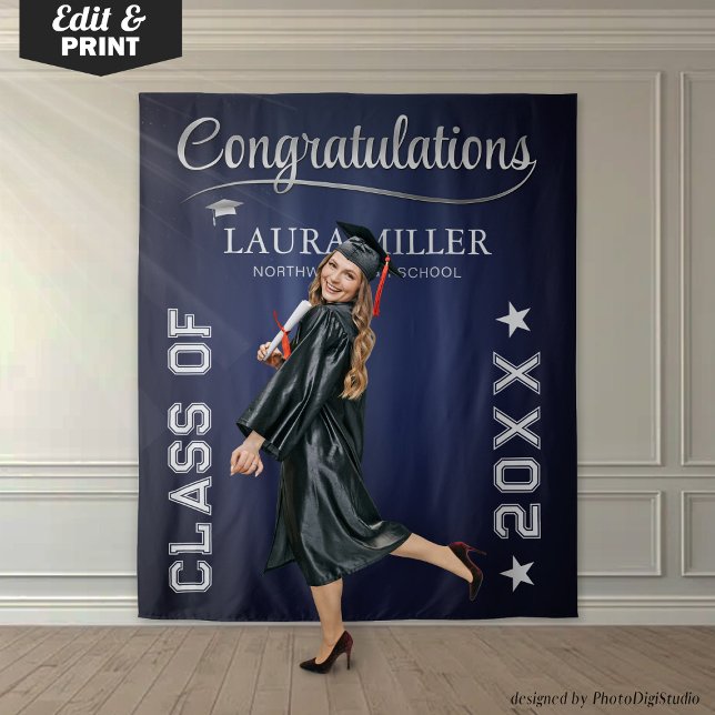 Hintergrund für bearbeitbare Navy- und Silver Absc Wandteppich (Editable Navy & Silver Graduation Photo Backdrop)