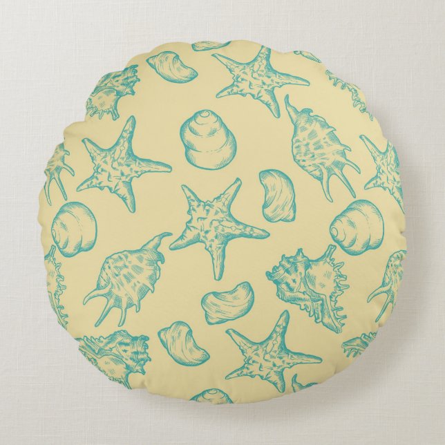 Hintergrund mit Muscheln. Hand gezeichnet Rundes Kissen (Vorderseite)