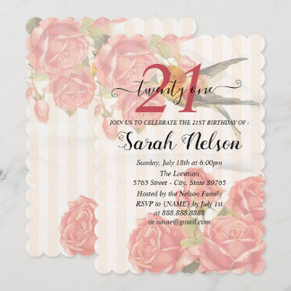 Hintergrund mit rosa Streifen, Rose und Colibri Einladung