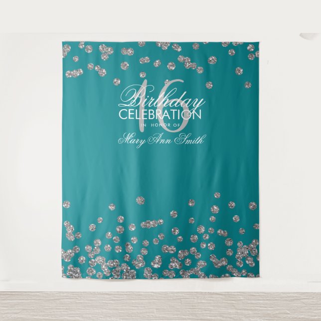 Hintergrund Sweet 16 Aquamarin Silver Glitzer Conf Wandteppich (Vorderseite)