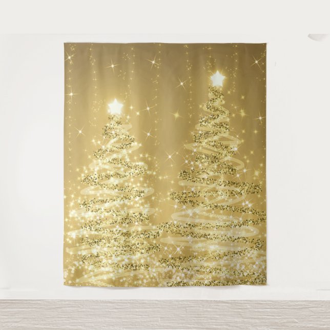 Hintergrund Weihnachten glühende Bäume Gold  Wandteppich (Vorderseite)