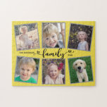 Hintergrundbild Gelbe Fotomaterial<br><div class="desc">Dieses Puzzle aus gelbem und grauem Foto ist ein lustiges Geschenk für jede Familie. Es bietet 6 Bilderrahmen für Kinder- und Familienfotos und ist mit dem Text "Familie", der moderne Herzkalligraphie erscheint, hervorgehoben. Der Hintergrund ist gelb.</div>