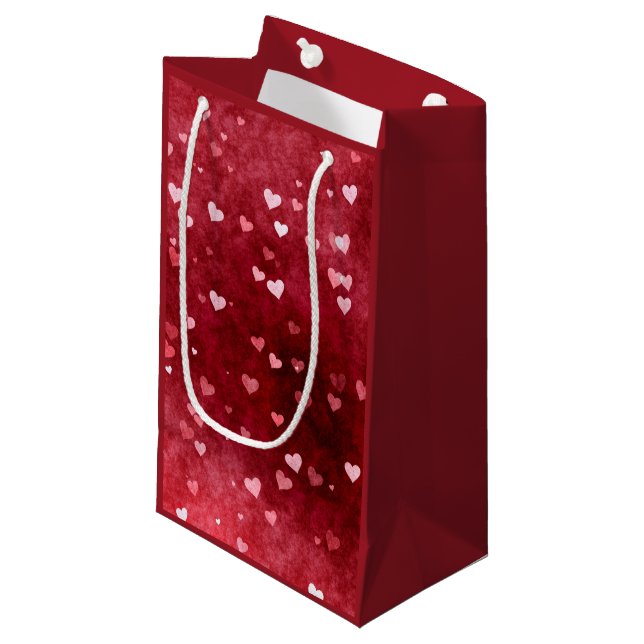 Hintergrundfarbe Rosa Herzen Kleine Geschenktüte (Vorderseite Schrägansicht)