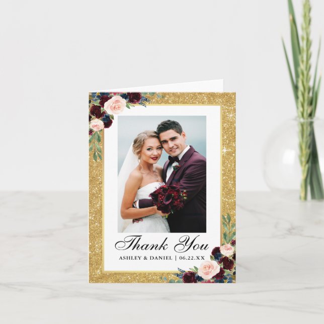 Hinweis für den Hochzeitburgund Blue Floral Gold G Dankeskarte (Vorderseite)