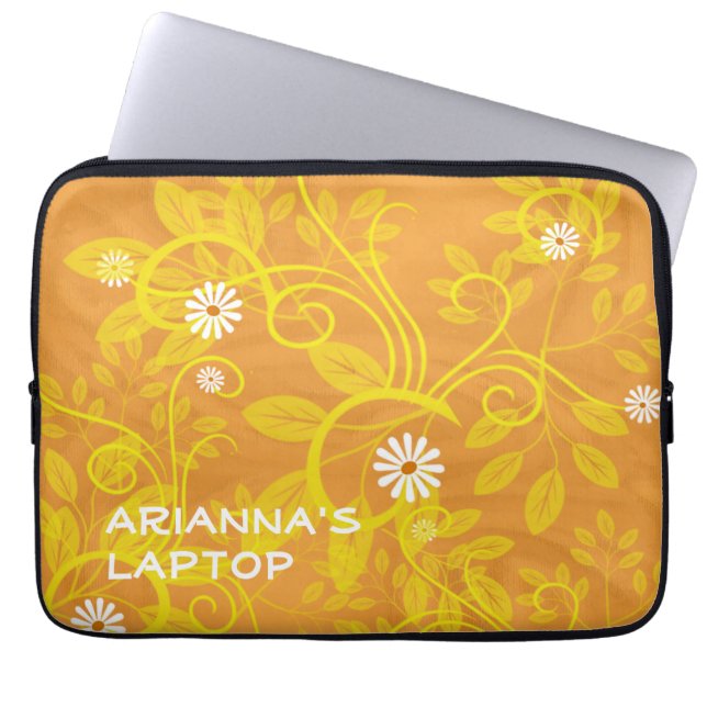 Hinzufügen eines Namens Retro White Daisies Yellow Laptopschutzhülle (Vorderseite)
