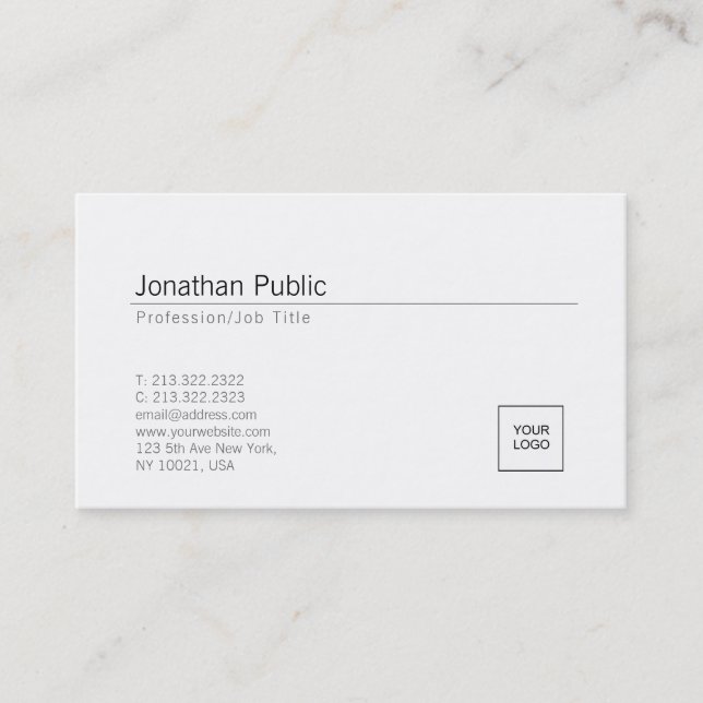Hinzufügen Ihres Logos Elegant White Minimal Desig Visitenkarte (Vorderseite)