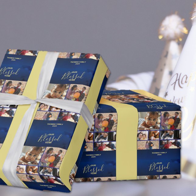 Hinzufügen von Fotos gesegnet Jahr Urlaub Foto Geschenkpapier (Add Photos Blessed Year Holiday Photo Wrapping Paper)