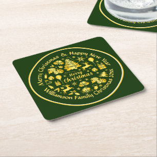 Hinzufügen von Name ändern Text Gold Green Christm Rechteckiger Pappuntersetzer
