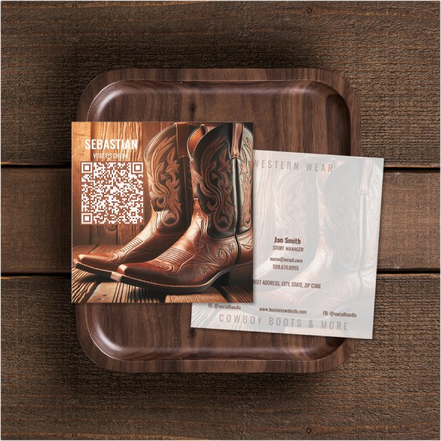 Hinzufügen von QR-Code-Visitenkarten für Foto-West Quadratische Visitenkarte (Add Photo Western Wear QR Code Business Cards (front and back))