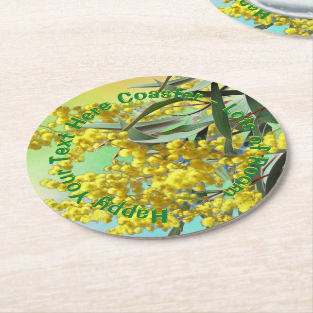 Hinzufügen von Text-Wattle & Gum-Blätter Aussie Runder Pappuntersetzer (Angewinkelt)