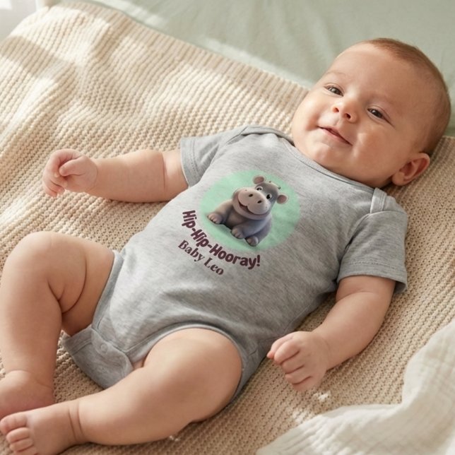 "Hip-Hip-Hooray!" Hippo Personalized Baby Bodysuit Strampler (Von Creator hochgeladen)