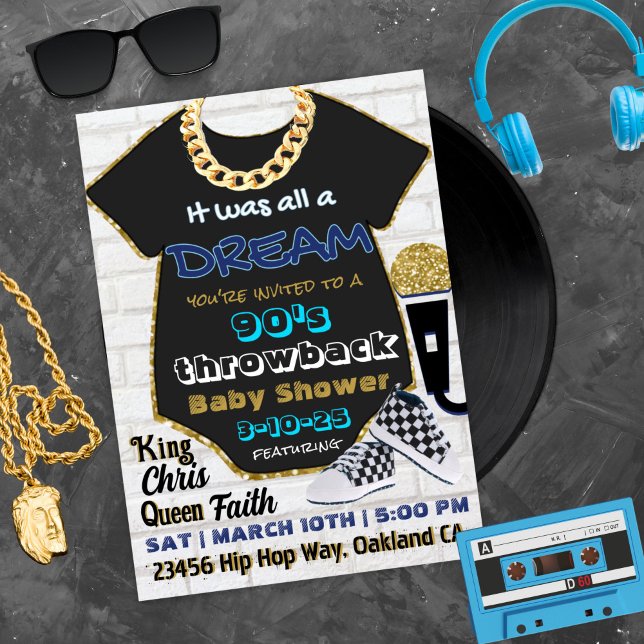 Hip Hop Blue und Gold Old School Baby Shower der 9 Einladung (Von Creator hochgeladen)