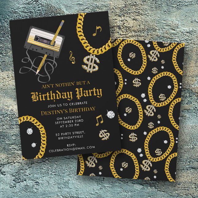 Hip Hop Gold Chain Cassette 80's 90's Birthday Einladung (Hip Hop Gold Chain Cassette 80's 90's Birthday Invitation)