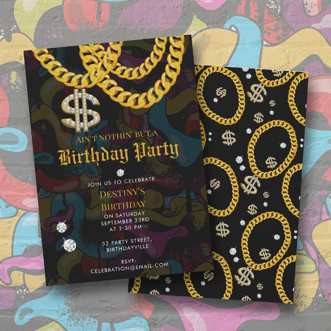 Hip Hop Gold Chain Graffiti 90's Birthday Party Einladung (Hip Hop Gold Chain Graffiti 90's Birthday Party Invitation)