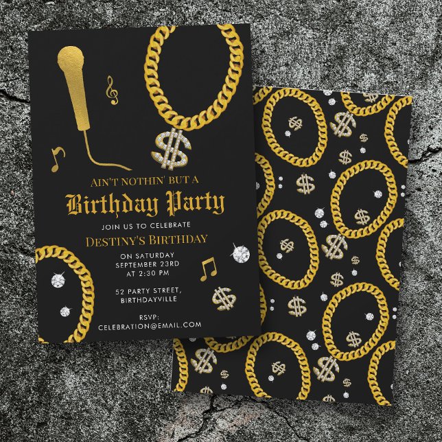 Hip Hop Gold Chain Microphone 80's 90's Birthday Einladung (Hip Hop Gold Chain Microphone 80's 90's Birthday Invitation)