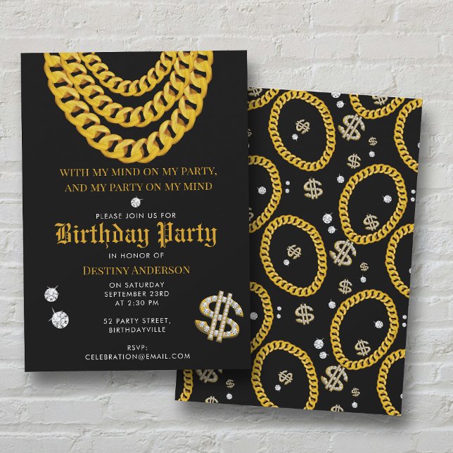 Hip Hop Gold Cuban Link Chain 90's Birthday Party Einladung (Hip Hop Gold Cuban Link Chain 90's Birthday Party Invitation)