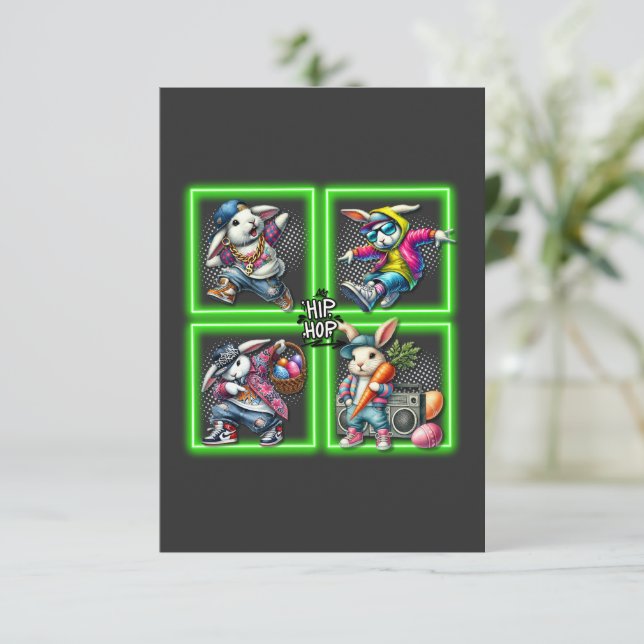 Hip Hop Oaster Bunny Buddies, Neon Green | Dankeskarte (Stehend Vorderseite)