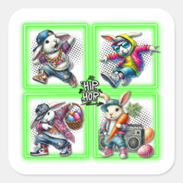 Hip Hop Oster Bunny Buddies, Musik, Neon Green | Quadratischer Aufkleber