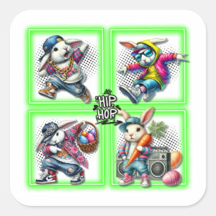 Hip Hop Oster Bunny Buddies, Musik, Neon Green Quadratischer Aufkleber