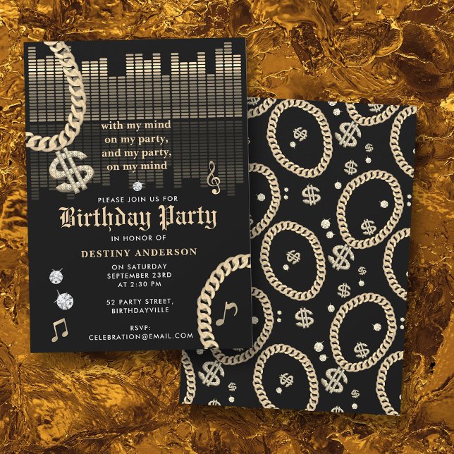 Hip Hop Rap Music Gold Link Chain 90's Birthday Einladung (Hip Hop Rap Music Gold Link Chain 90's Birthday Invitation)