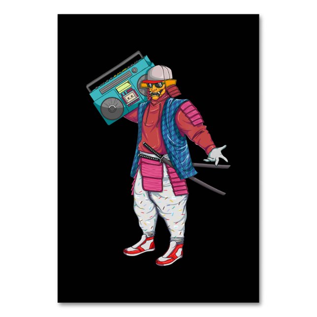 Hip Hop Samurai mit Boombox Stereo Retro 80er Tischnummer (Vorderseite)