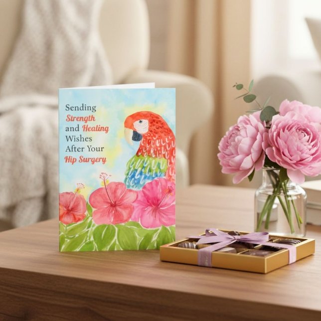 Hip Surgery Healing Scarlet Macaws, Hibiscus Karte (Von Creator hochgeladen)