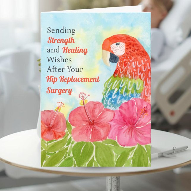 Hip Surgery Healing Scarlet Macaws, Hibiscus Karte (Von Creator hochgeladen)