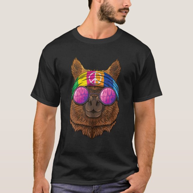 Hippie Alpaca Liebe Peace Sign 70er Hippie Mammal T-Shirt (Vorderseite)