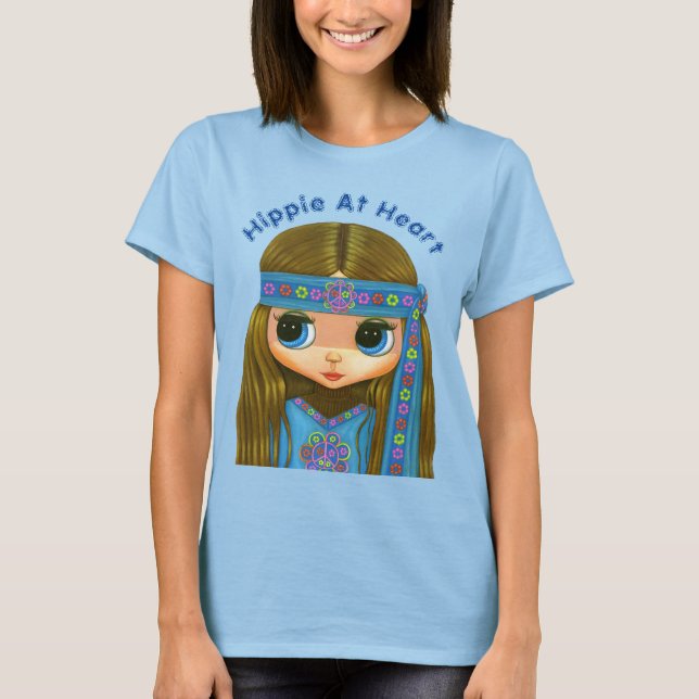 Hippie at Heart Niedlich Big Eye Blue Hippie Chick T-Shirt (Vorderseite)