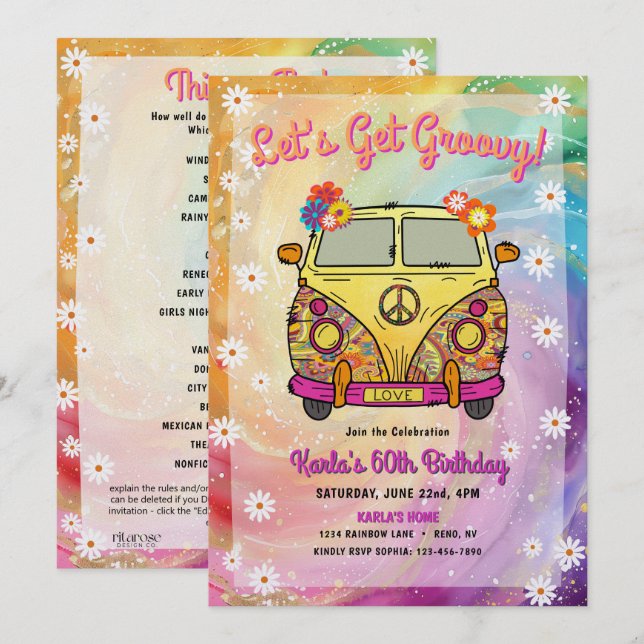 Hippie Birthday Party Einladung und Spiel (Vorne/Hinten)