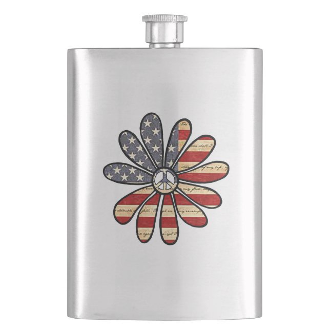 Hippie Blume Power Peace Signie American Flag Flachmann (Vorderseite)