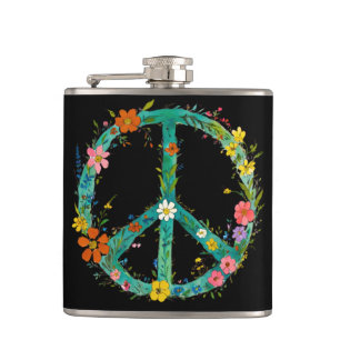Hippie-Blumen-Friedenszeichen auf schwarzem Hinter Flachmann