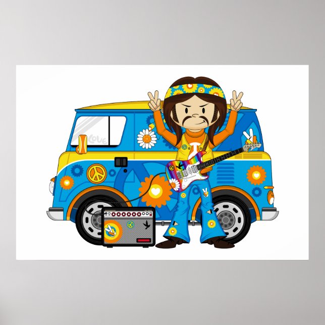 Hippie Boy mit Gitarre und Camper Van Poster (Vorne)