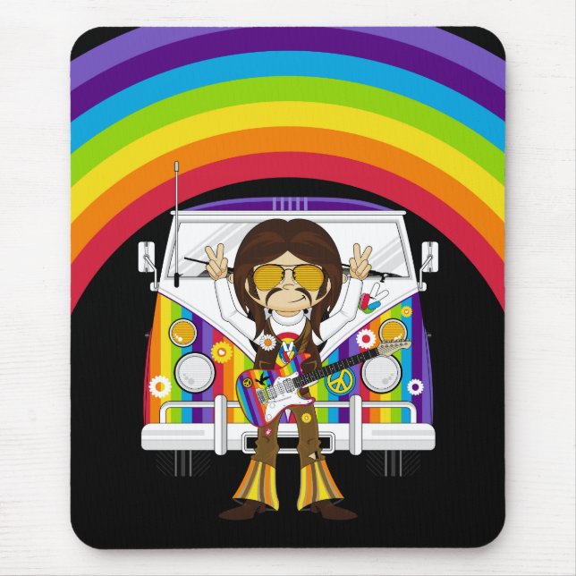 Hippie Boy mit Guitar & Camper Van Mousepad (Vorne)